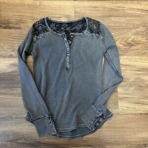 Free People Henley Top Womens S Gray Waffle Knit Floral Yoke Long Sleeve